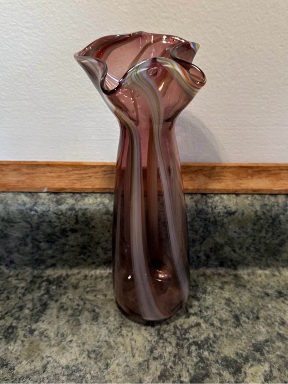 Handblown Pink Glass Art Vase with Swirl Accents